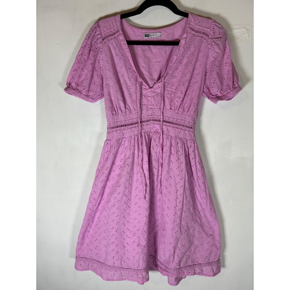 Babydoll Eyelet Mini Dress S Cottagecore Romantic Puff Sleeve A-Line Coquette